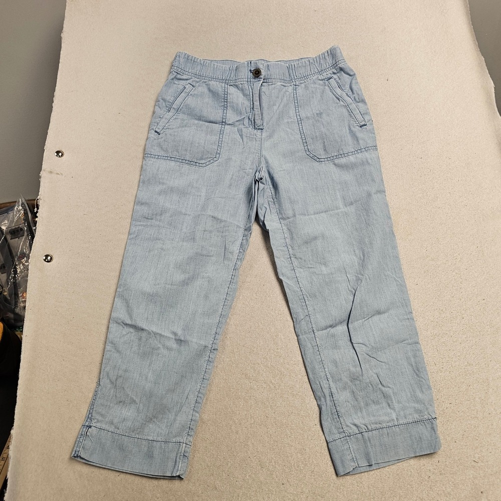 Chicos Blue Chambray Cotton Pants Elastic Waist Cropped Straight Leg Size 0 US 4